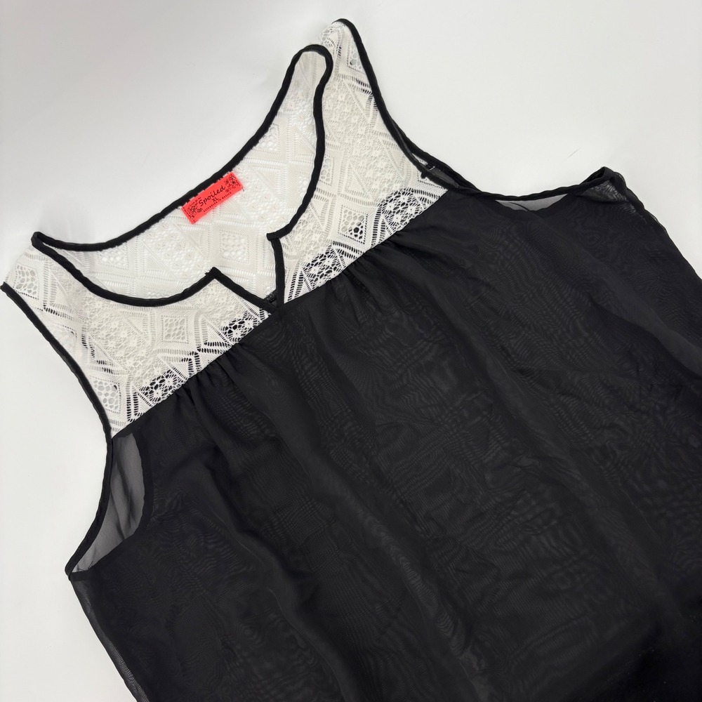 Spoiled‎ Black Sheer Chiffon Tank Top XL White Lace Yoke Sleeveless Blouse